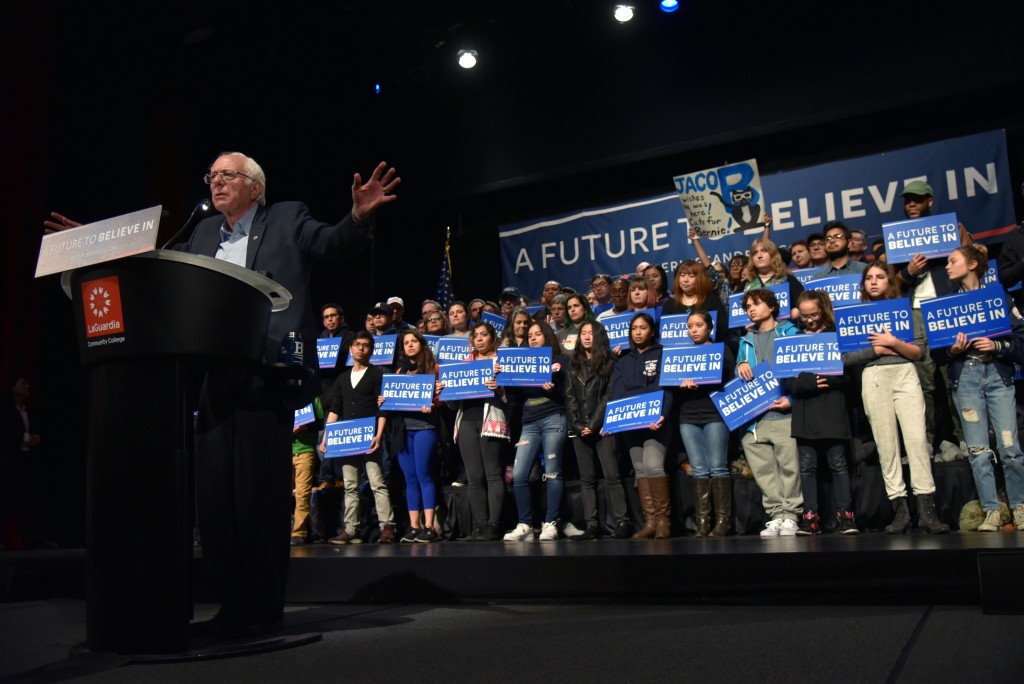Bernie Sanders Speaks before a Crowd at a Rally at Laguardia Community College in Long Island City Queens – Credit John McCarten