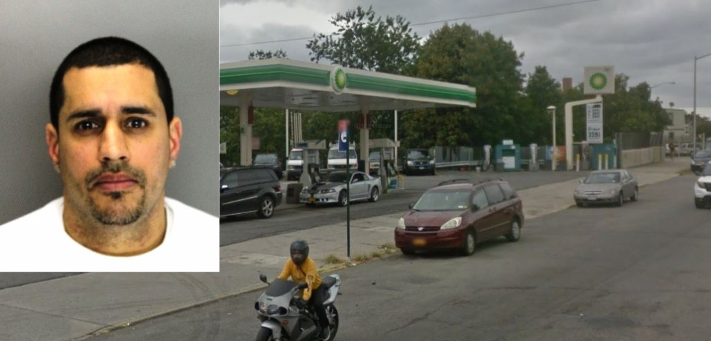 Police say August Watkins (inset) robbed 16 locations in Queens and Brooklyn over the last three weeks, including this BP gas station Middle Village twice.