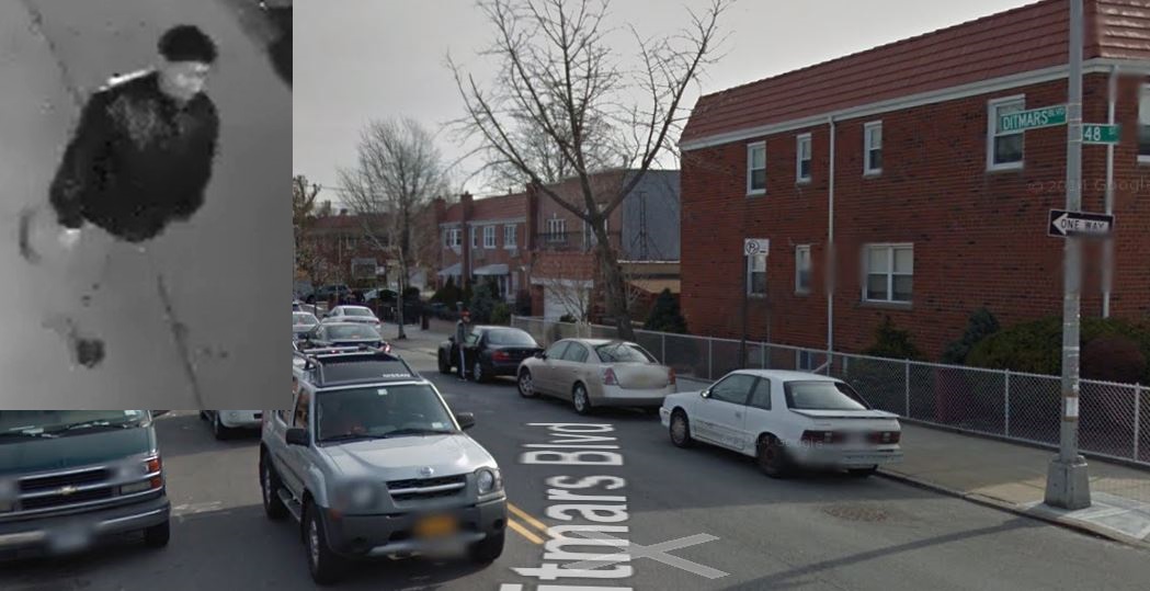 Police are on the lookout for a man pictured at left who sexually assaulted a woman at this Astoria intersection last month.