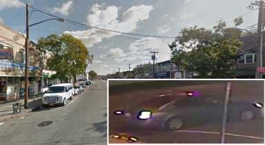 Police say the vehicle shown in the inset was involved in a drive-by shooting in South Ozone Park on Sunday in which a priest was shot and injured.