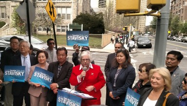 State Senator Toby Ann Stavisky (with microphone) announced her re-election campaign last week.