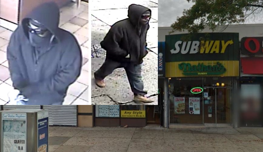 Two pictures of the knife-wielding crook behind six recent holdups in Queens, including the June 5 robbery of this Subway restaurant in Bayside.