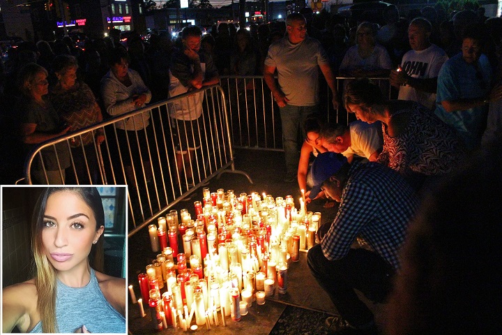 Candles are lit in memory of Karina Vetrano (inset), who was sexually assaulted and murdered in Howard Beach on Tuesday.