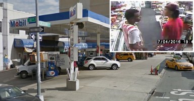 Two suspects who held up this gas station in Long Island City on July 4 remain at large.
