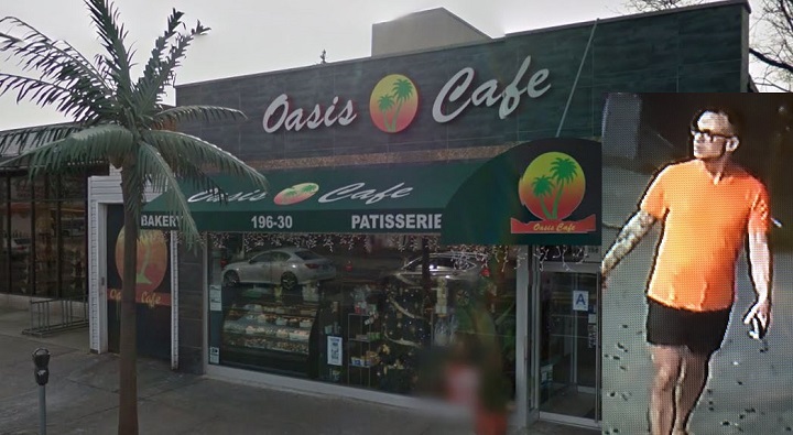 The suspect (inset) in a recent burglary at the Oasis Cafe on Northern Boulevard in Bayside, who has been identified as Bayside resident Alberto Caballero.