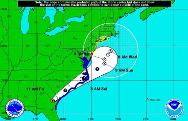The updated "cone of uncertainty" for Tropical Storm Hermine, which is expected to sit off the Long Island coast early next week.