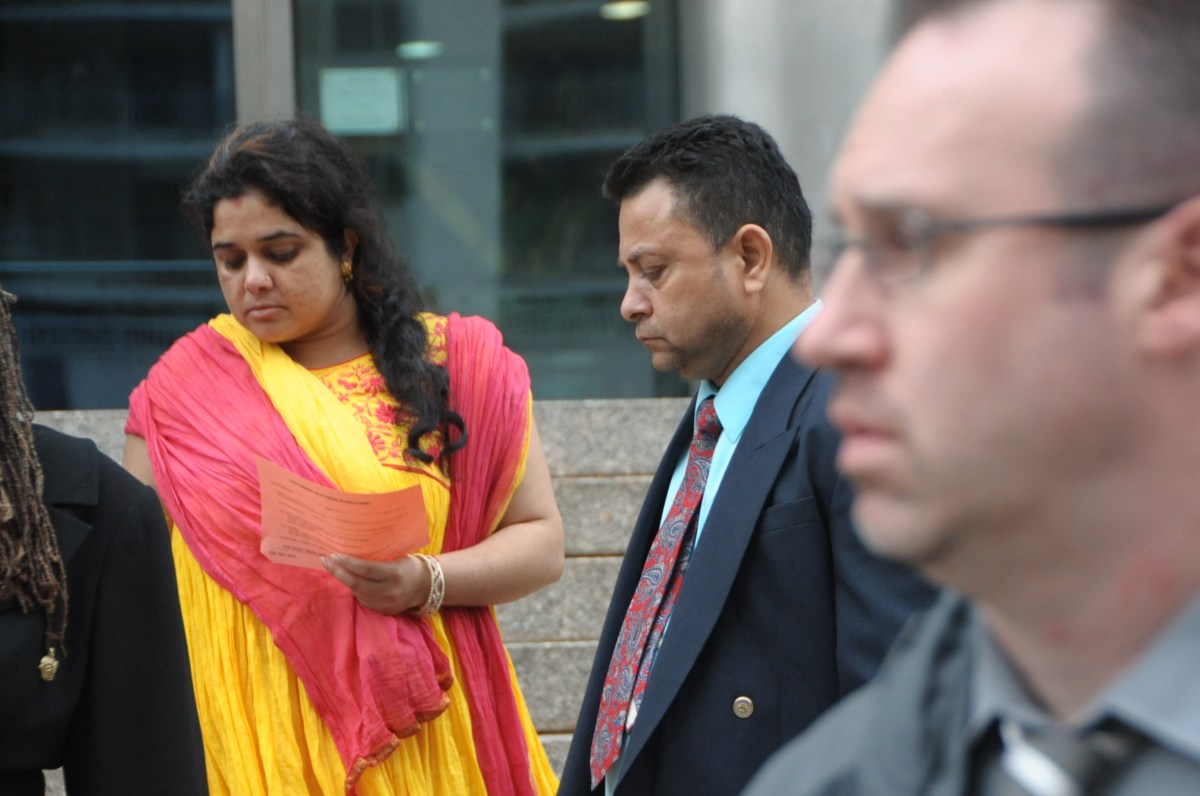 Sheetal Ranot (at left) and her husband Rajesh Ranot are pictured in August 2014 outside the Queens County Criminal Courthouse.
