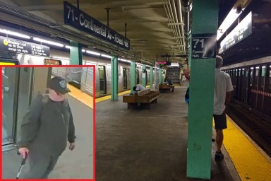 Police say the man pictured at left phoned in a phony bomb threat on Oct. 13 at the 71st-Continental Avenues station in Forest Hills.