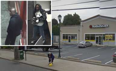 Two bandits used a vehicle to smash through the front door of a Radio Shack store in Middle Village this month and stole phones.