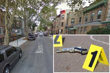 Two men were shot and injured on this block of Norman Street in Ridgewood on Monday afternoon.
