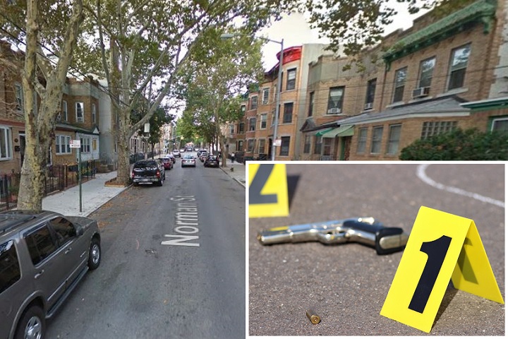 Two men were shot and injured on this block of Norman Street in Ridgewood on Monday afternoon.