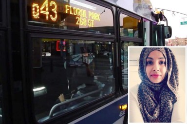 Fariza Niham (inset) says she was harassed by two passengers on board a Q43 bus in Bellerose because she was wearing a hijab.