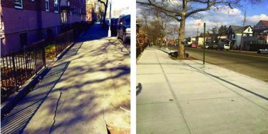 Before (left) and after pictures of the sidewalks outside the South Jamaica II Houses.