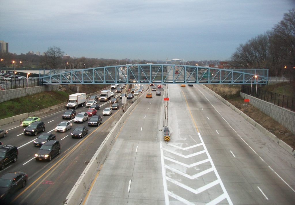 The newly reconstructed Van Wyck Expressway in Kew Gardens, looking northbound near Hoover Avenue.