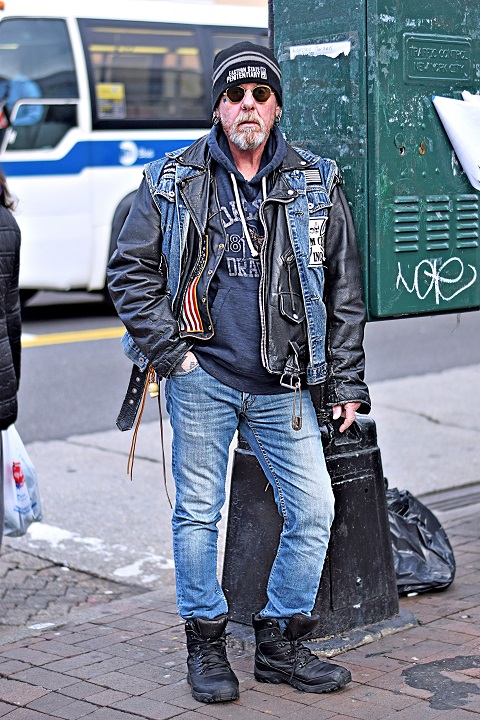 Joe is a retiree living in Astoria. I loved his heavy metal band jacket. Fashion has no age limits, kids.