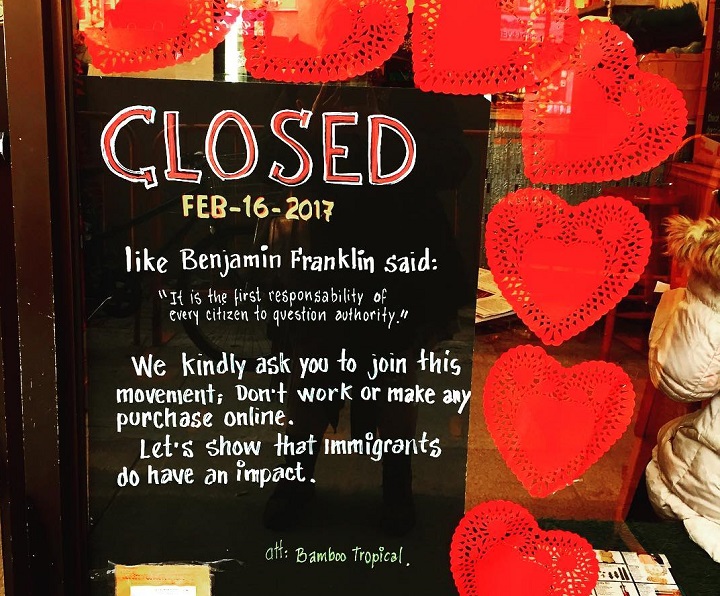A sign in the window of Bamboo Tropical Restaurant in Ridgewood on Thursday, Feb. 16.