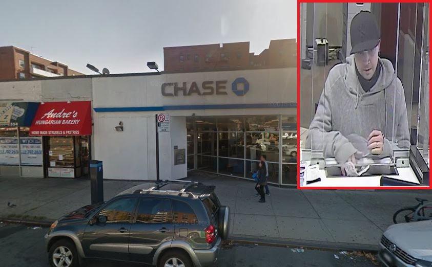 The man pictured at right robbed the same Chase bank in Forest Hills twice in less than a week.