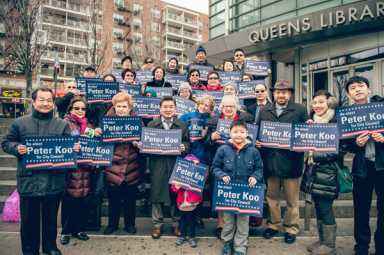 Koo announces bid for re-election at Flushing Library