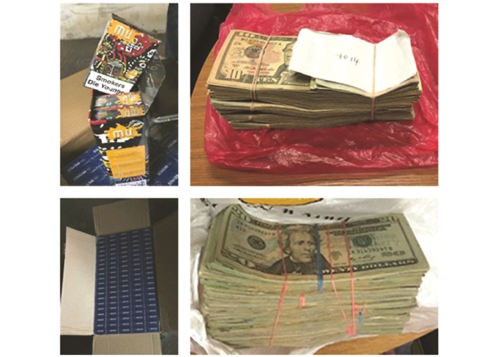 Some of the cigarette cartons and $18,000 in cash seized by law enforcement agents from an Elmhurst man on March 22.