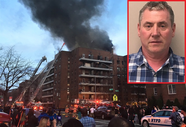 Fire marshals said Declan Mcelhatton (inset) left an open flame near combustibles that sparked a five-alarm fire in Elmhurst on April 11.