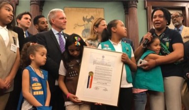Girl Scout troop from LIC homeless shelter honored at City Hall