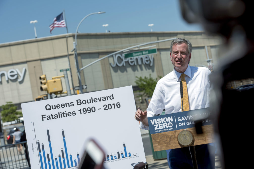 Mayor Bill de Blasio outlines plans for the second phase of Queens Boulevard's reconstruction on May 17.