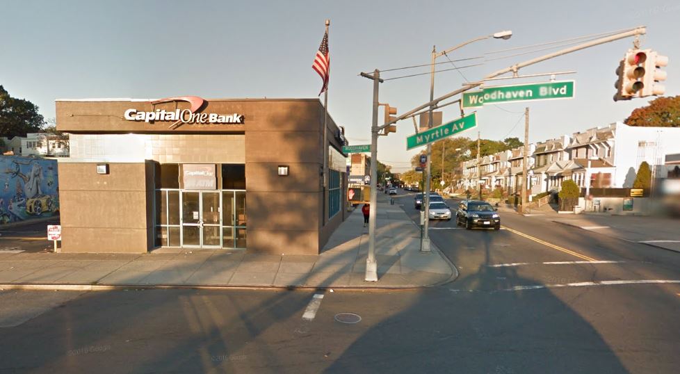 The Capital One Bank at the corner of Myrtle Avenue and Woodhaven Boulevard in Glendale that was robbed on May 15.