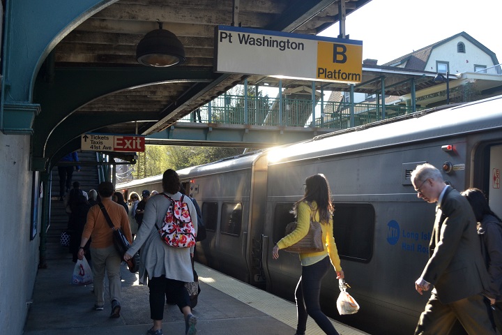 Passengers exiting a LIRR train on the Port Washington line.