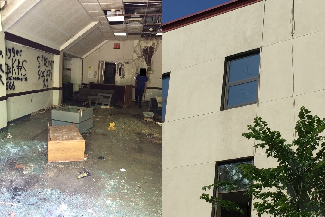 Hateful graffiti found on the exterior and interior of the abandoned Holliswood building.