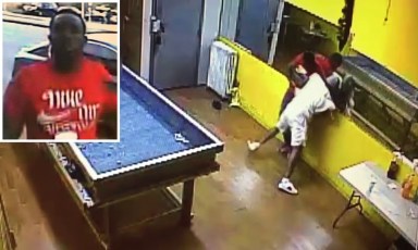 The suspect in a June 10 shooting at a Hollis social club can be seen at right firing a shot at the victim.