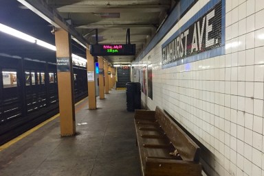 A platform at the Elmhurst Avenue R train station in Elmhurst.