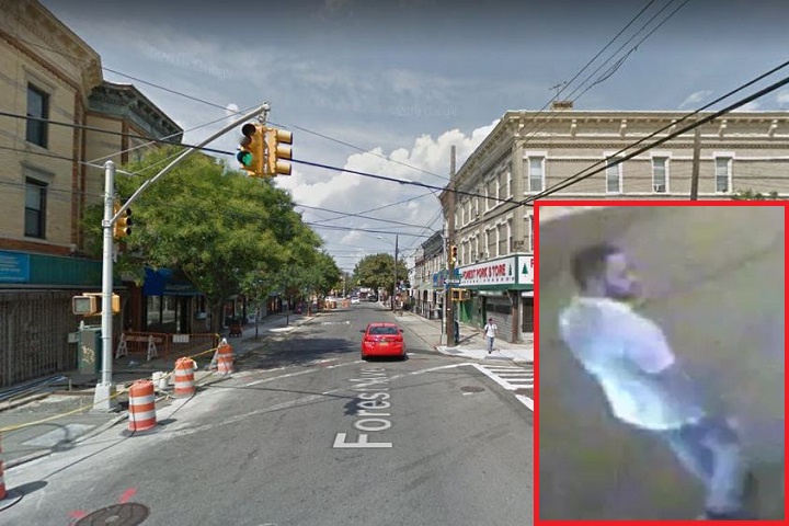 The suspect (inset) in an attempted rape in the area of Forest Avenue and Woodbine Street in Ridgewood on Aug. 9.