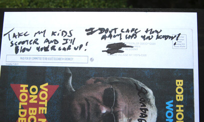 Holden receives bomb threat scrawled on Crowley campaign flier at his home