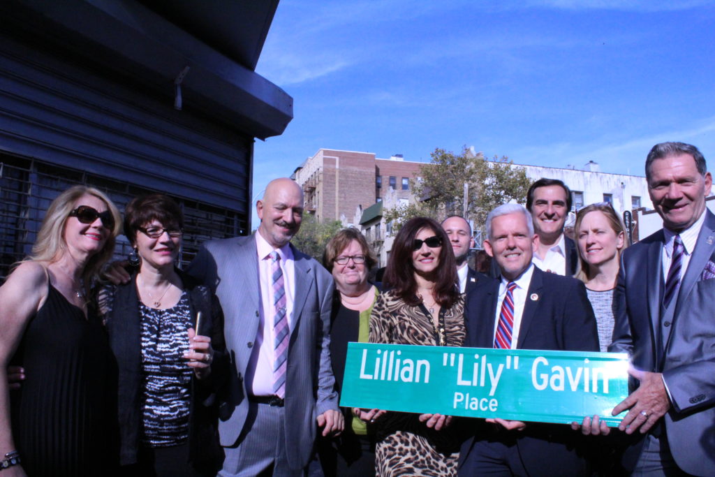 The Gavin family with City Councilman Jimmy Van Bramer, whose bill made the street naming possible, along with state Senator Michael Gianaris, Borough President Melinda Katz and Assembly Members Catherine Nolan and Brian Barnwell.