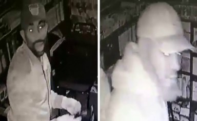 Security cameras captured the images of these two men wanted for three business burglaries in Jamaica.