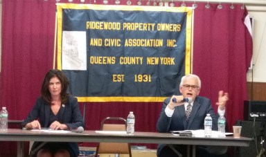 Councilwoman Elizabeth Crowley and her challenger, Robert Holden, at a Ridgewood debate in September 2017.
