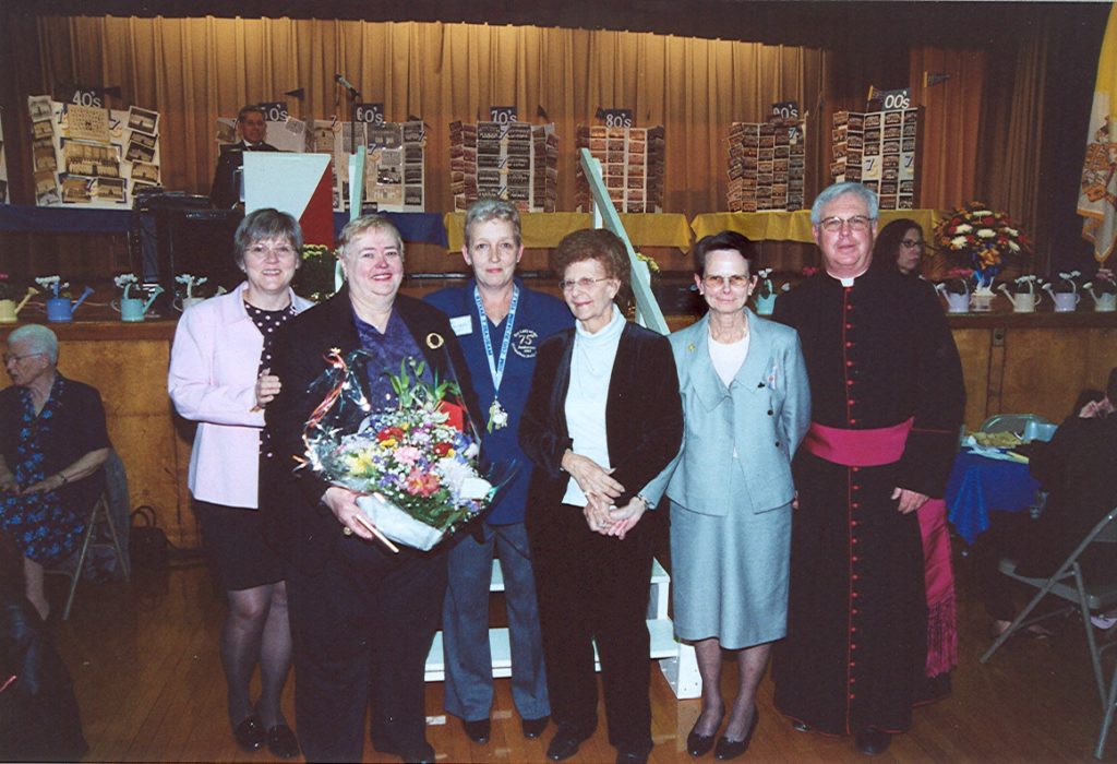 Our Lady of the Miraculous Medal School celebrated its 75th anniversary celebration in 2004. Pictured from left are the main organizers: Margaret Chance, JoAnn Cooney, Pat Kiprovski, Marion Cetinske, OLMM Principal Margaret Baxter and pastor Msgr. Edward Ryan. (RIDGEWOOD TIMES/File photo)