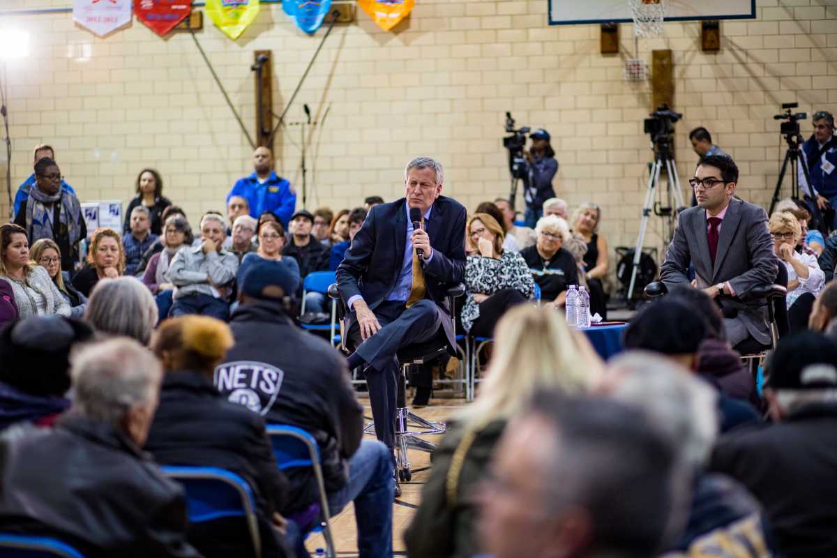 Mayor Bill de Blasio at a recent town hall meeting he held with Councilman Eric Ulrich in the Rockaways.