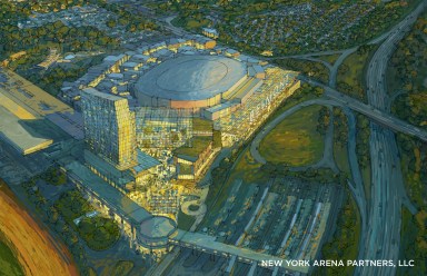 A rendering of the new arena, hotel and transit hub to be created adjacent to Belmont Park.