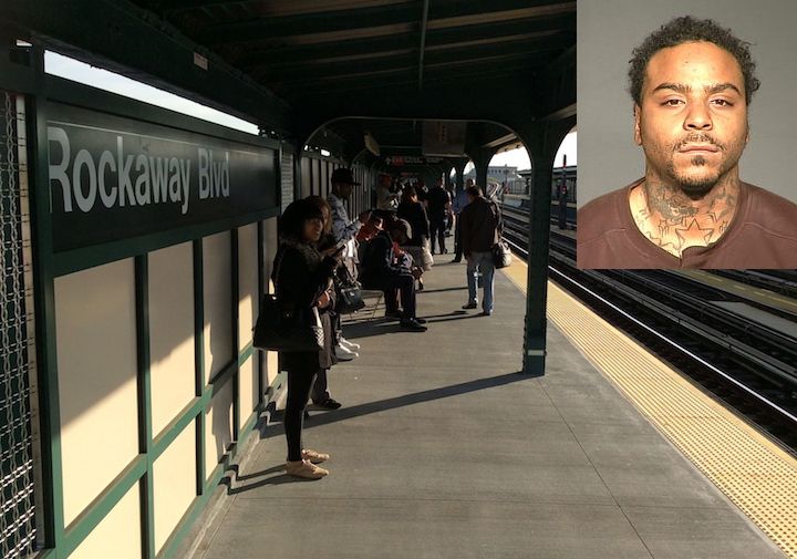 Brooklyn's Roger Barksdale (inset) allegedly resisted arrest after being caught urinating at the Rockaway Boulevard A train station in Ozone Park on Dec. 9.