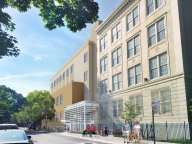 The $52.4 million, four-story addition to P.S. 144Q in Queens, NY will house 26 new classrooms, an outdoor play area, a cafeteria, offices and a medical suite.