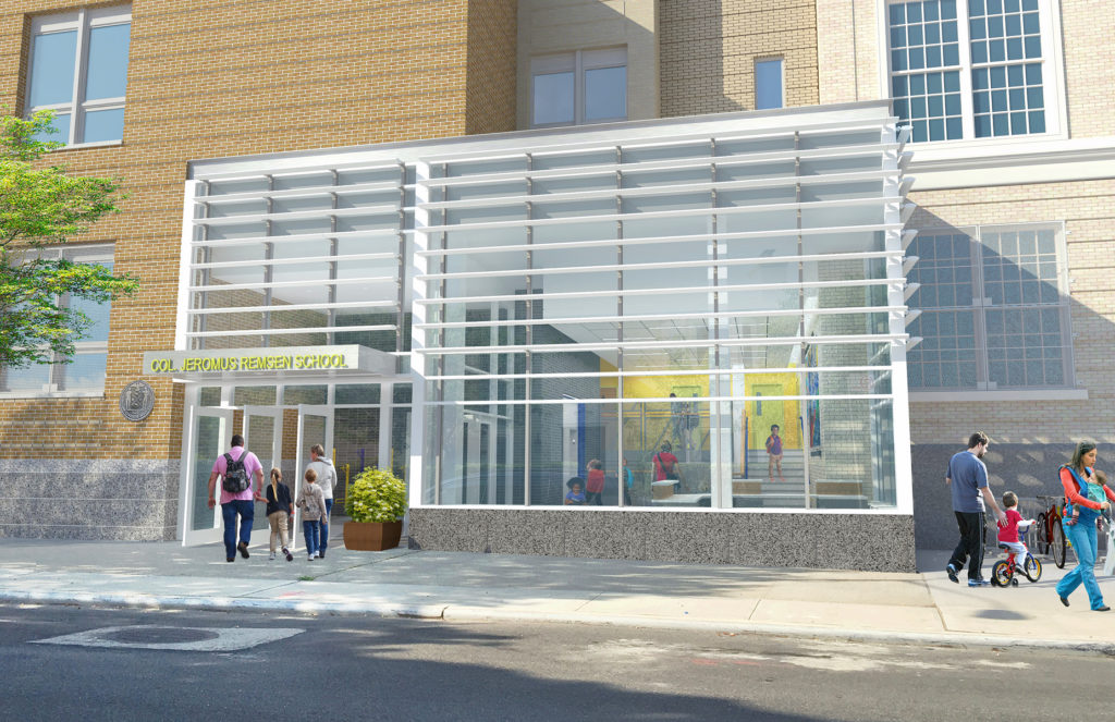 The P.S. 144Q expansion will create a new ADA-compliant entrance and lobby that will serve the entire school. (Rendering courtesy of Urbahn Architects) 