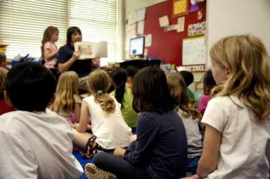 Typical classroom scene where an audience of school children wer