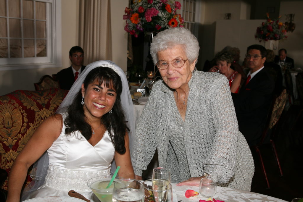 Rose Girone wears a dress she knit herself to granddaughter Gina's wedding