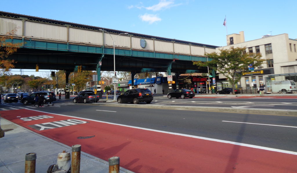 A bus lane on Woodhaven Boulevard near Jamaica Avenue in Woodhaven.
