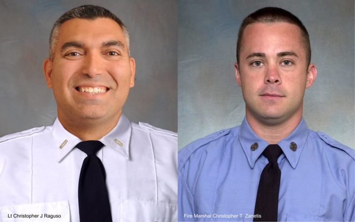 Lieutenant Christopher Raguso (left) and Fire Marshal Christopher Zanetis were killed on March 15 while serving the New York Air National Guard in Iraq.