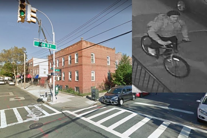 A security camera image of the bicyclist wanted for robbing a 92-year-old woman in Astoria on March 3.