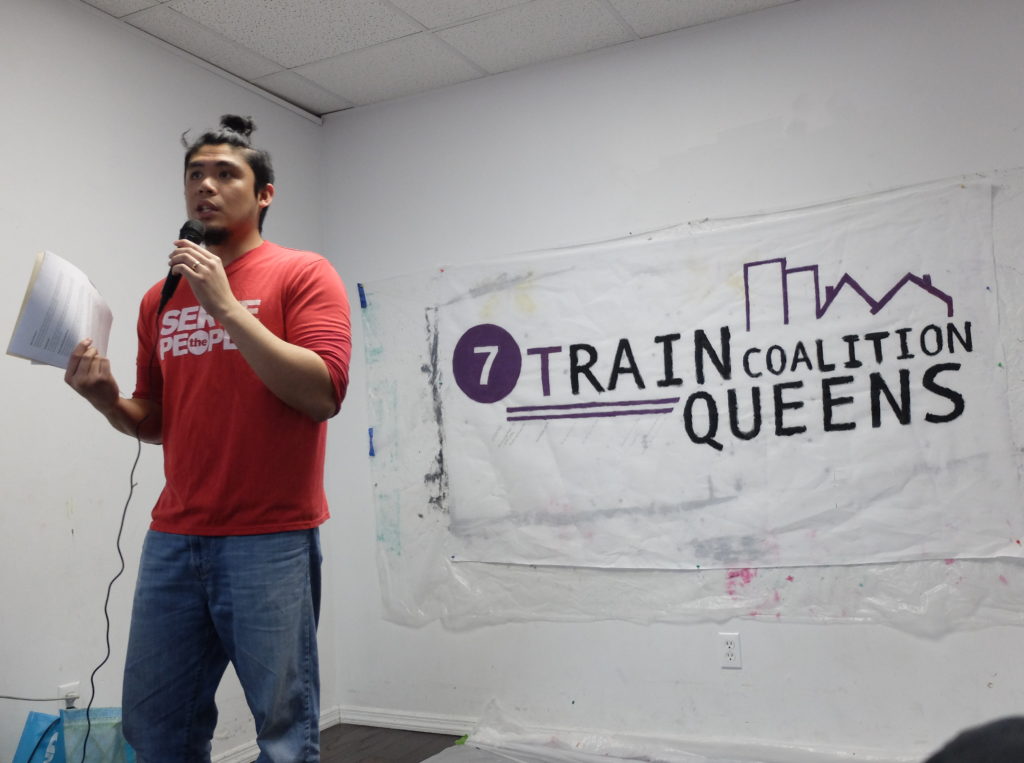 Mike Legaspi, from Migrante NY, answers audience Q&A at the 7 Train Coalition launch.