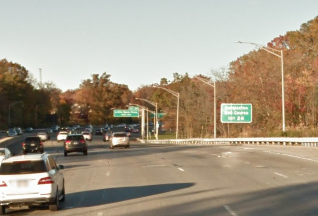 The eastbound lanes of the Grand Central Parkway at the Commonwealth Boulevard overpass in Little Neck.