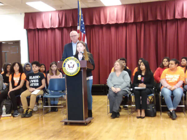 Crowley visits Renaissance Charter School in Jackson Heights to discuss gun control issues with students